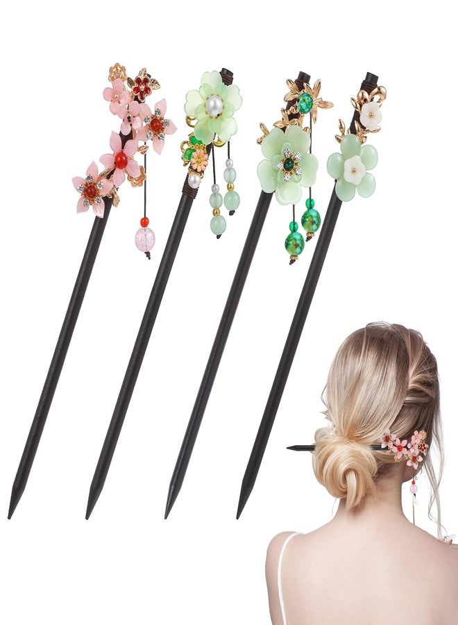 ValueBargain Japanese Hair Pin, 4 Pcs Japanese Hair Stick, 7" Asian Hairs Accessories with Flower Bead Pendants Vintage Tassel for Long Thick Hairstyle Bun, (Multi-colored) - Image 1